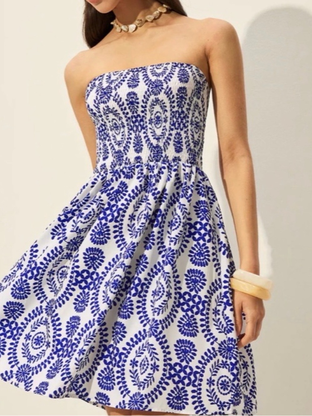 Commense White Strapless Dress with Blue Floral Medallion Print